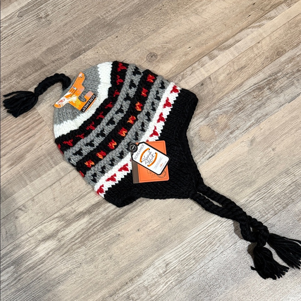 Cozy Screamer Knit Hat with Tassels - Black, White, Red
